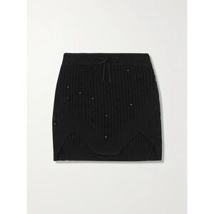 David Koma 'Asymmetric' Black Cryatal Embellished Ribbed-Knit Mini Skirt Size S